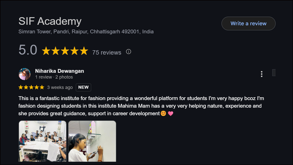 Google Review for Fashion Design Course 1